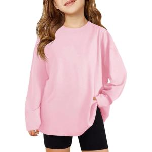 Haloumoning Girls Long Sleeve T-Shirts Kids Fall Oversized Tops Casual Crewneck Tees 5-14 Years(Nude Pink)
