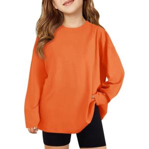 Haloumoning Girls Long Sleeve T-Shirts Kids Fall Oversized Tops Casual Crewneck Tees 5-14 Years(Orange)