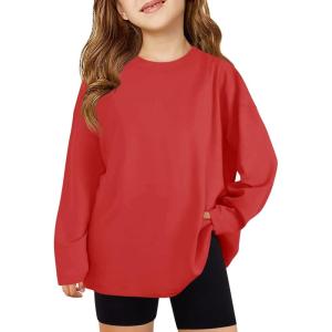 Haloumoning Girls Long Sleeve T-Shirts Kids Fall Oversized Tops Casual Crewneck Tees 5-14 Years(Red)