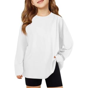 Haloumoning Girls Long Sleeve T-Shirts Kids Fall Oversized Tops Casual Crewneck Tees 5-14 Years(White)