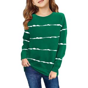 Haloumoning Girls Striped Color Block Sweatshirts Kids Tie Dye Crewneck Long Sleeve Pullover Tops 4-15 Years(A-dark Green)