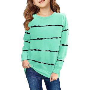 Haloumoning Girls Striped Color Block Sweatshirts Kids Tie Dye Crewneck Long Sleeve Pullover Tops 4-15 Years(A-light Green)