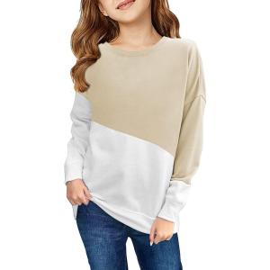 Haloumoning Girls Striped Color Block Sweatshirts Kids Tie Dye Crewneck Long Sleeve Pullover Tops 4-15 Years(C-khaki)