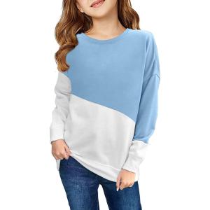 Haloumoning Girls Striped Color Block Sweatshirts Kids Tie Dye Crewneck Long Sleeve Pullover Tops 4-15 Years(C-sky Blue)