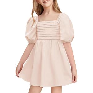 Haloumoning Girls Summer Dress Kids Square Neck Puff Sleeve A-Line Smocked Mini Dresses 5-14 Years(Apricot)