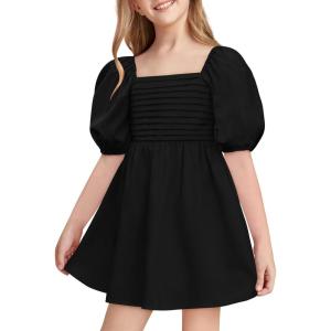 Haloumoning Girls Summer Dress Kids Square Neck Puff Sleeve A-Line Smocked Mini Dresses 5-14 Years(Black)