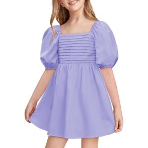 Haloumoning Girls Summer Dress Kids Square Neck Puff Sleeve A-Line Smocked Mini Dresses 5-14 Years(Purple)
