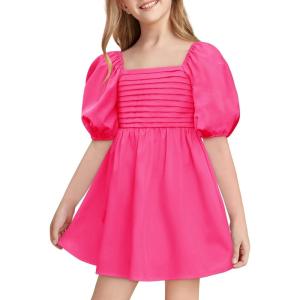 Haloumoning Girls Summer Dress Kids Square Neck Puff Sleeve A-Line Smocked Mini Dresses 5-14 Years(Rose Red)