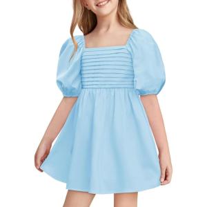 Haloumoning Girls Summer Dress Kids Square Neck Puff Sleeve A-Line Smocked Mini Dresses 5-14 Years(Sky Blue)