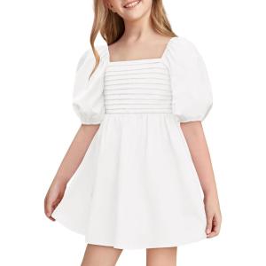 Haloumoning Girls Summer Dress Kids Square Neck Puff Sleeve A-Line Smocked Mini Dresses 5-14 Years(White)