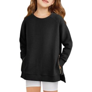 Haloumoning Girls Sweatshirts Casual Long Sleeve Crew Neck Pullover Tops with Side Zipper Fall Clothes 5-14Y(Black)