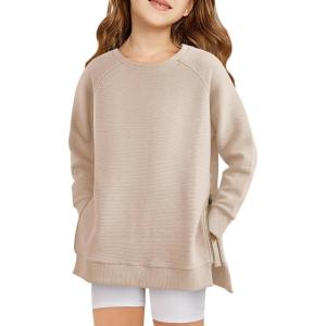 Haloumoning Girls Sweatshirts Casual Long Sleeve Crew Neck Pullover Tops with Side Zipper Fall Clothes 5-14Y(Khaki)