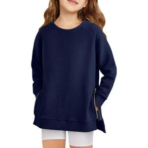Haloumoning Girls Sweatshirts Casual Long Sleeve Crew Neck Pullover Tops with Side Zipper Fall Clothes 5-14Y(Navy)