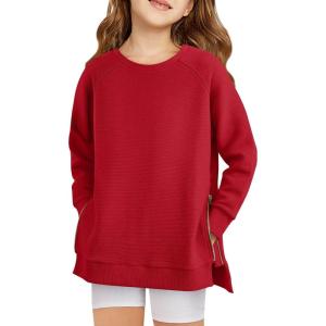Haloumoning Girls Sweatshirts Casual Long Sleeve Crew Neck Pullover Tops with Side Zipper Fall Clothes 5-14Y(Red)