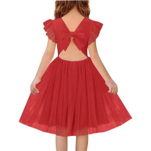 Haloumoning Girls Tulle Dress Kids Summer Backless Flower Girl Dress for Birthday Party 5-14Y(Red)