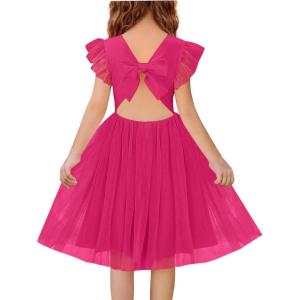 Haloumoning Girls Tulle Dress Kids Summer Backless Flower Girl Dress for Birthday Party 5-14Y(Rose Red)