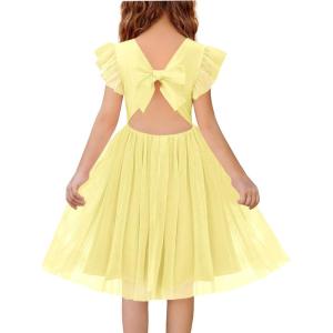 Haloumoning Girls Tulle Dress Kids Summer Backless Flower Girl Dress for Birthday Party 5-14Y(Yellow)