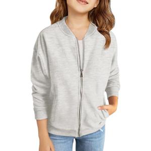 Haloumoning Girls Zip Up Jackets Kids Fall Long Sleeve Sweatshirts Outerwear with Pockets 5-14 years(Grey)