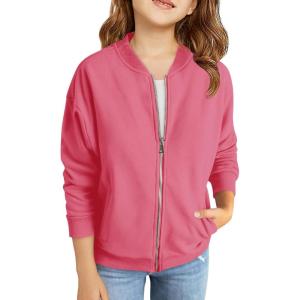 Haloumoning Girls Zip Up Jackets Kids Fall Long Sleeve Sweatshirts Outerwear with Pockets 5-14 years(Rose Red)