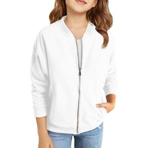Haloumoning Girls Zip Up Jackets Kids Fall Long Sleeve Sweatshirts Outerwear with Pockets 5-14 years(White)