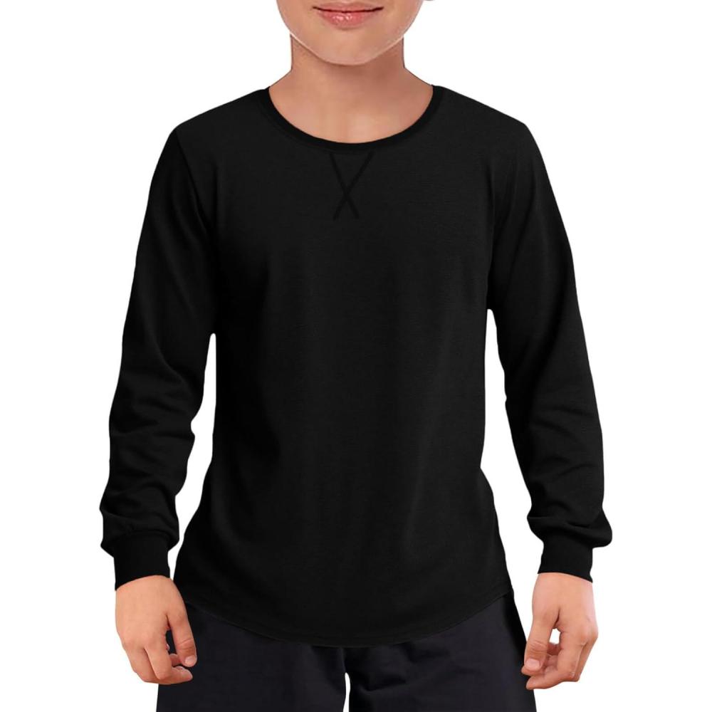 image:imageHaloumoning Boys Long Sleeve Shirts Kids Casual Crewneck Fall Tops Curve Hem Basic Tees 514YBlack
