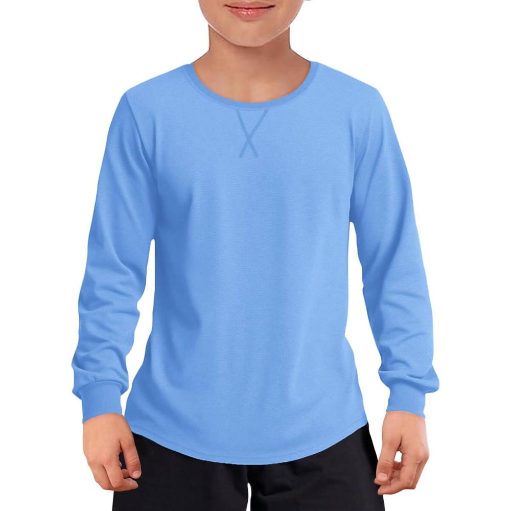 image:imageHaloumoning Boys Long Sleeve Shirts Kids Casual Crewneck Fall Tops Curve Hem Basic Tees 514YBlue