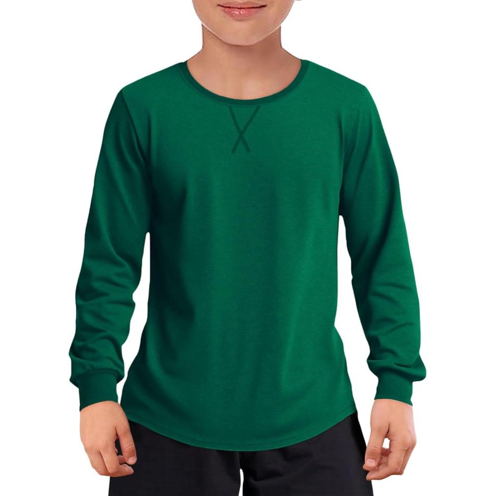 image:imageHaloumoning Boys Long Sleeve Shirts Kids Casual Crewneck Fall Tops Curve Hem Basic Tees 514YGreen