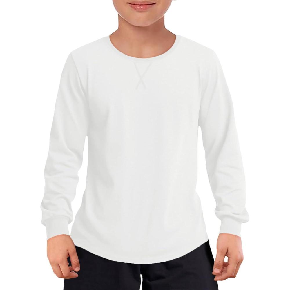 image:imageHaloumoning Boys Long Sleeve Shirts Kids Casual Crewneck Fall Tops Curve Hem Basic Tees 514YWhite