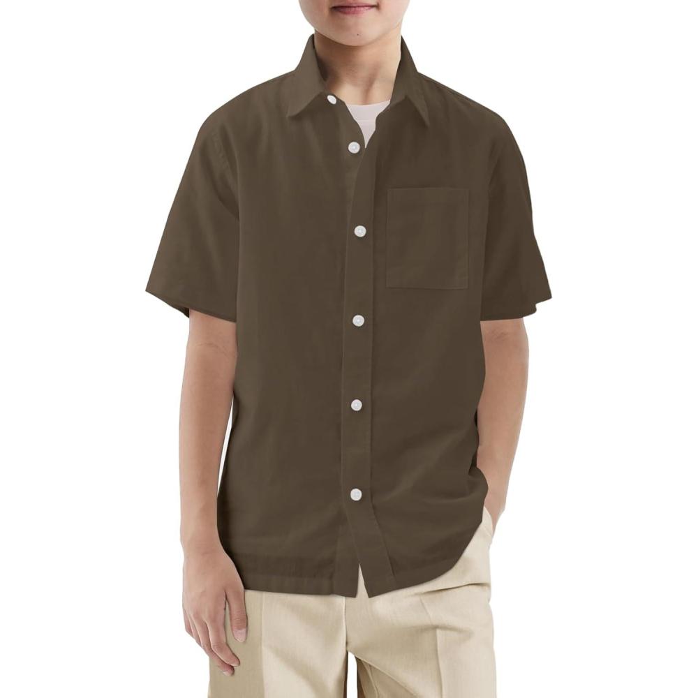 image:imageHaloumoning Boys Short Sleeve Button Down Shirt Kids Dress Shirts Formal Uniform Shirt with Pocket 514 YearsArmy Green