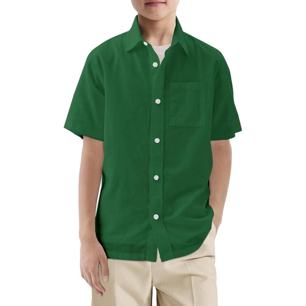 image:imageHaloumoning Boys Short Sleeve Button Down Shirt Kids Dress Shirts Formal Uniform Shirt with Pocket 514 YearsDark Green