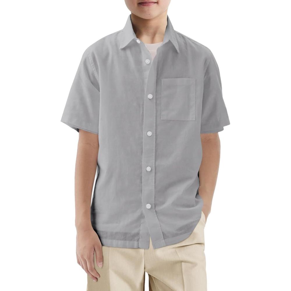 image:imageHaloumoning Boys Short Sleeve Button Down Shirt Kids Dress Shirts Formal Uniform Shirt with Pocket 514 YearsGrey