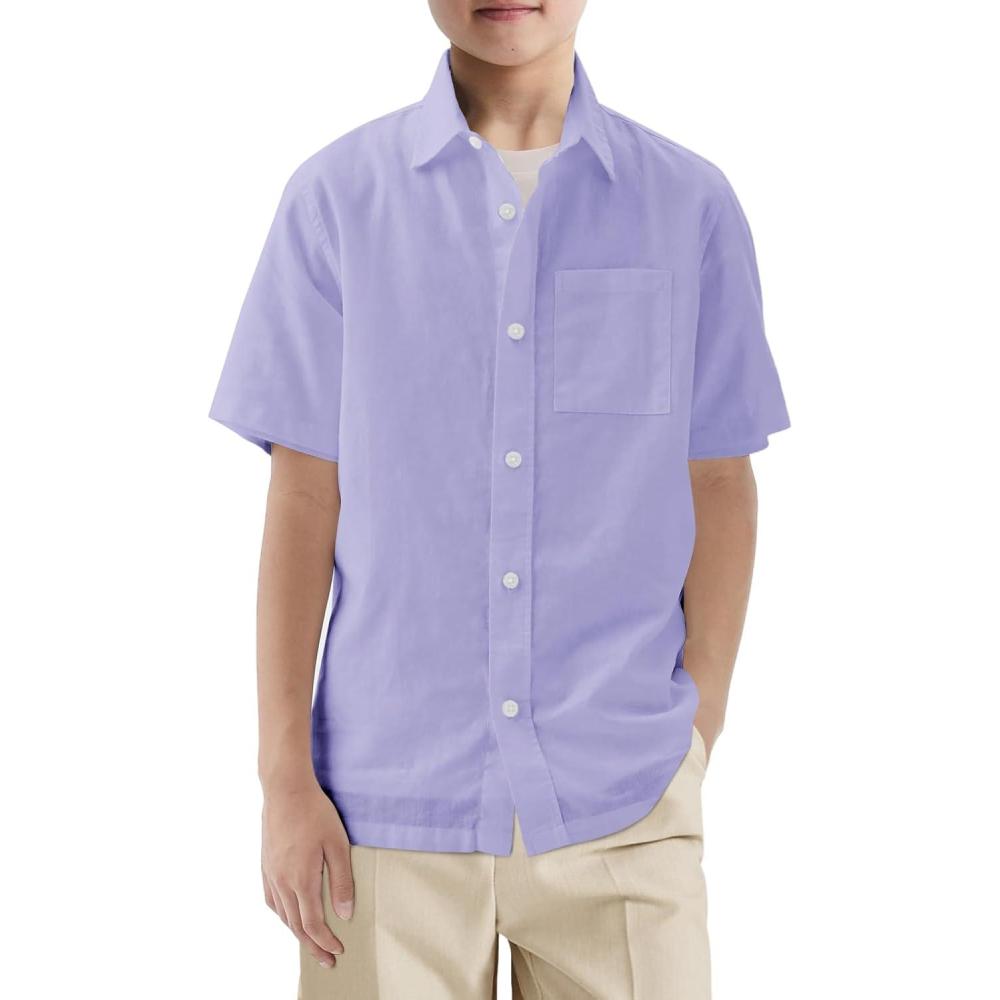 image:imageHaloumoning Boys Short Sleeve Button Down Shirt Kids Dress Shirts Formal Uniform Shirt with Pocket 514 YearsPurple