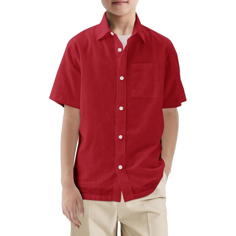 image:imageHaloumoning Boys Short Sleeve Button Down Shirt Kids Dress Shirts Formal Uniform Shirt with Pocket 514 YearsRed