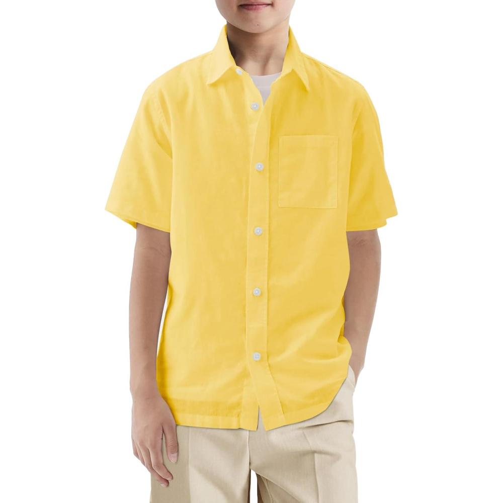 image:imageHaloumoning Boys Short Sleeve Button Down Shirt Kids Dress Shirts Formal Uniform Shirt with Pocket 514 YearsYellow