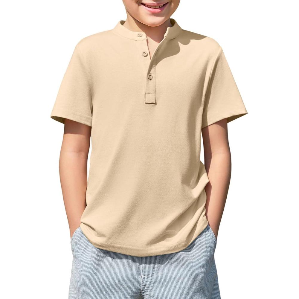 image:imageHaloumoning Boys Short Sleeve Henley Shirt Kids Casual Button Front Summer TShirts Tops Tees 514 YearsBeige