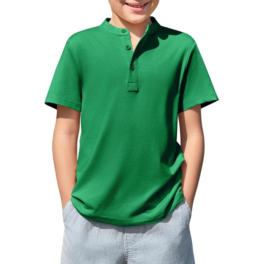 image:imageHaloumoning Boys Short Sleeve Henley Shirt Kids Casual Button Front Summer TShirts Tops Tees 514 YearsDark Green