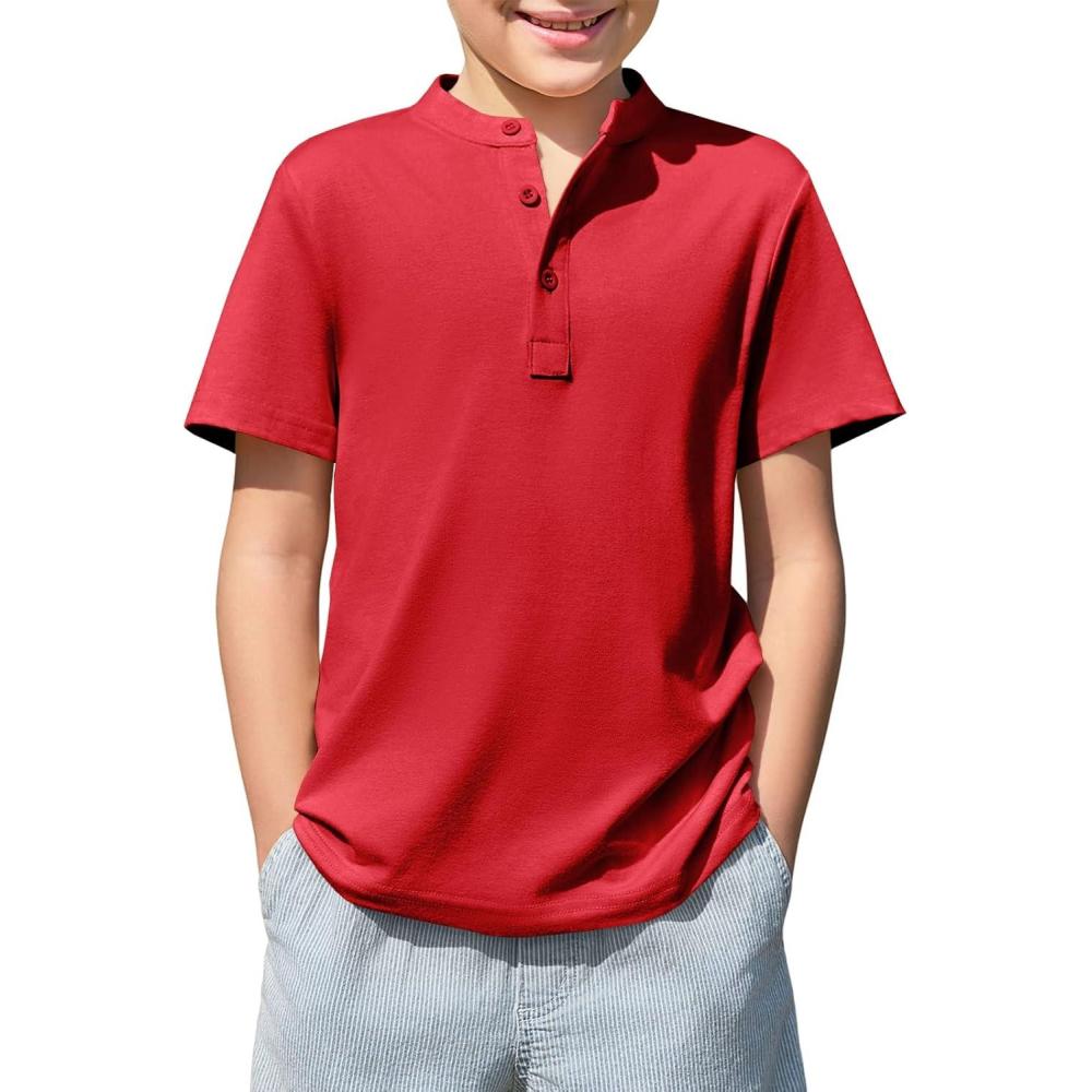 image:imageHaloumoning Boys Short Sleeve Henley Shirt Kids Casual Button Front Summer TShirts Tops Tees 514 YearsRed