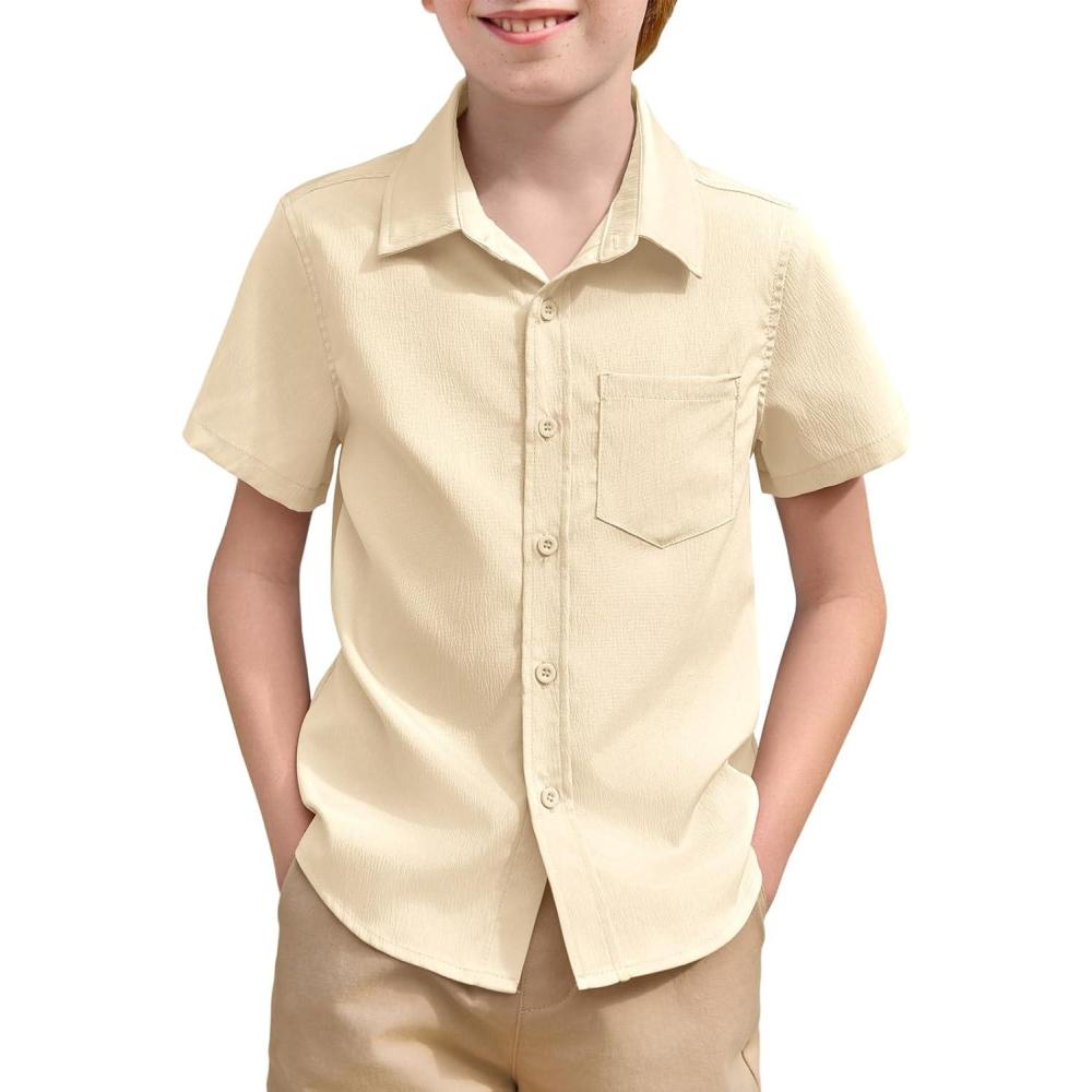 image:imageHaloumoning Boys Short Sleeve Textured Dress Shirts Kids School Uniform Button Down Shirt with Chest Pocket 514 YearsBeige