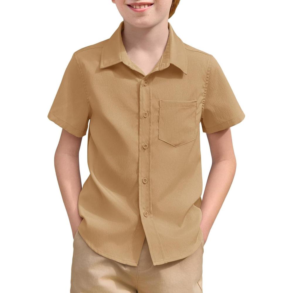 image:imageHaloumoning Boys Short Sleeve Textured Dress Shirts Kids School Uniform Button Down Shirt with Chest Pocket 514 YearsBrown