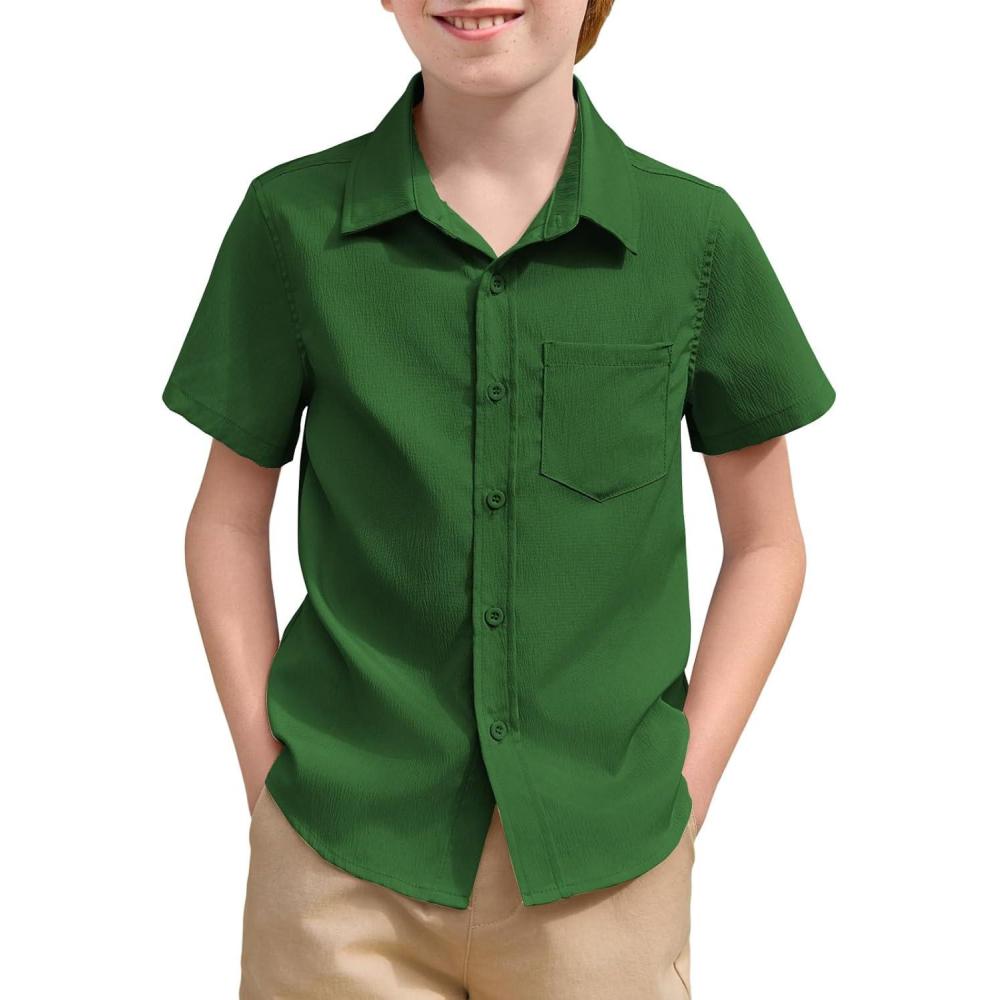 image:imageHaloumoning Boys Short Sleeve Textured Dress Shirts Kids School Uniform Button Down Shirt with Chest Pocket 514 YearsDark Green