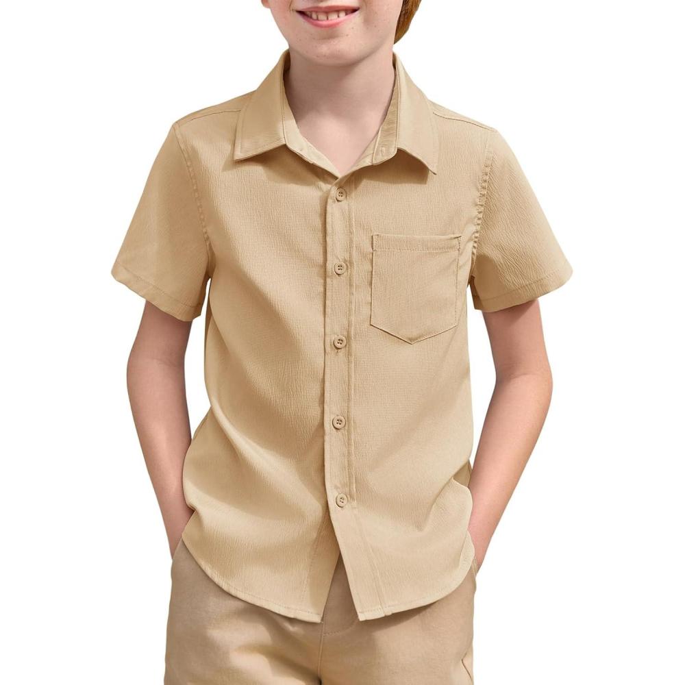 image:imageHaloumoning Boys Short Sleeve Textured Dress Shirts Kids School Uniform Button Down Shirt with Chest Pocket 514 YearsKhaki