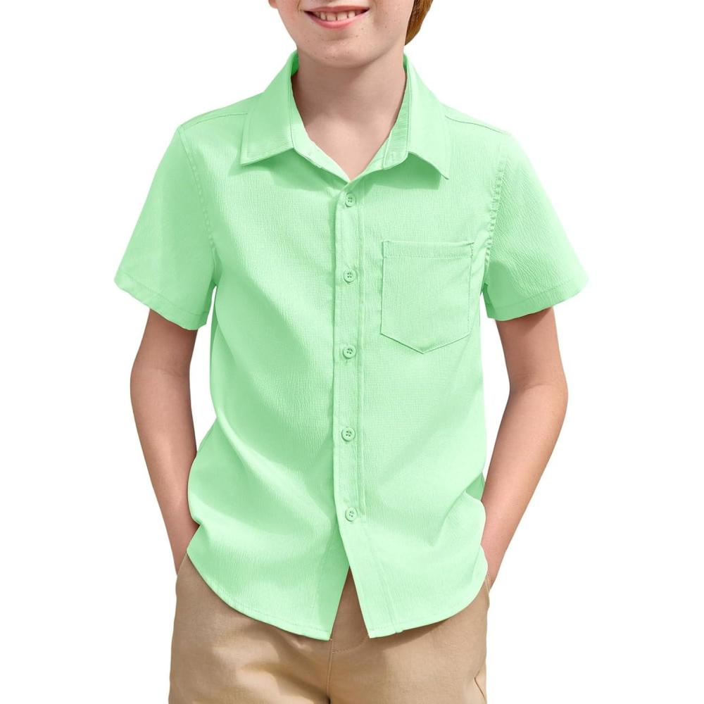 image:imageHaloumoning Boys Short Sleeve Textured Dress Shirts Kids School Uniform Button Down Shirt with Chest Pocket 514 YearsMinty