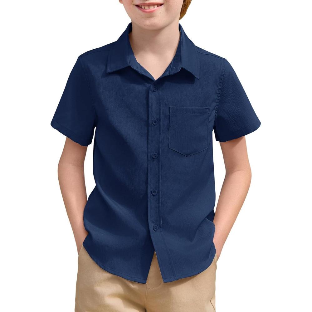 image:imageHaloumoning Boys Short Sleeve Textured Dress Shirts Kids School Uniform Button Down Shirt with Chest Pocket 514 YearsNavy Blue
