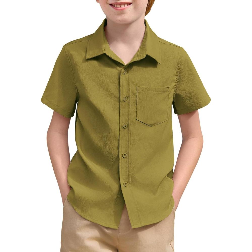 image:imageHaloumoning Boys Short Sleeve Textured Dress Shirts Kids School Uniform Button Down Shirt with Chest Pocket 514 YearsOlive Green