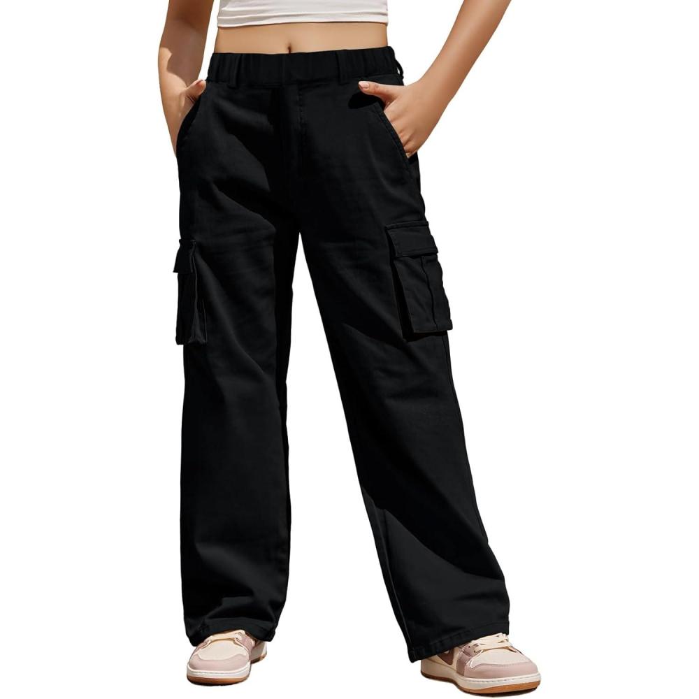 image:imageHaloumoning Girls Cargo Pants Casual Baggy Wide Leg Elastic Waist Jogger Trousers with Pockets 514 YearsBlack