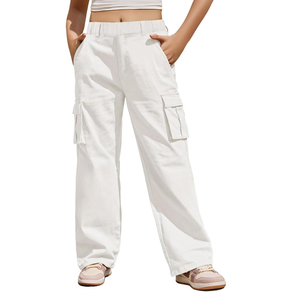 image:imageHaloumoning Girls Cargo Pants Casual Baggy Wide Leg Elastic Waist Jogger Trousers with Pockets 514 YearsWhite