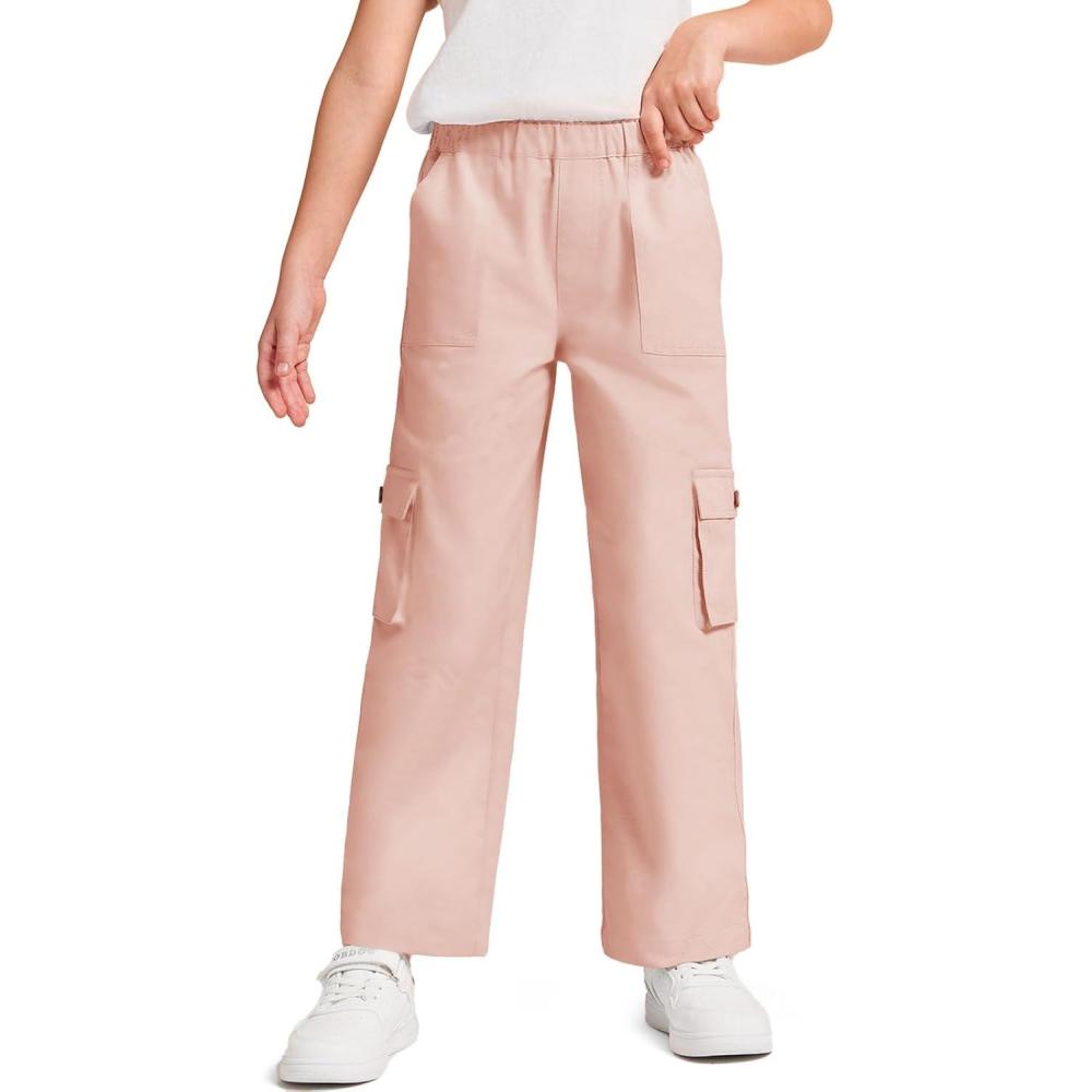 image:imageHaloumoning Girls Cargo Pants High Elastic Waist Kids Straight Leg Twill Trousers with Pockets 514 Years