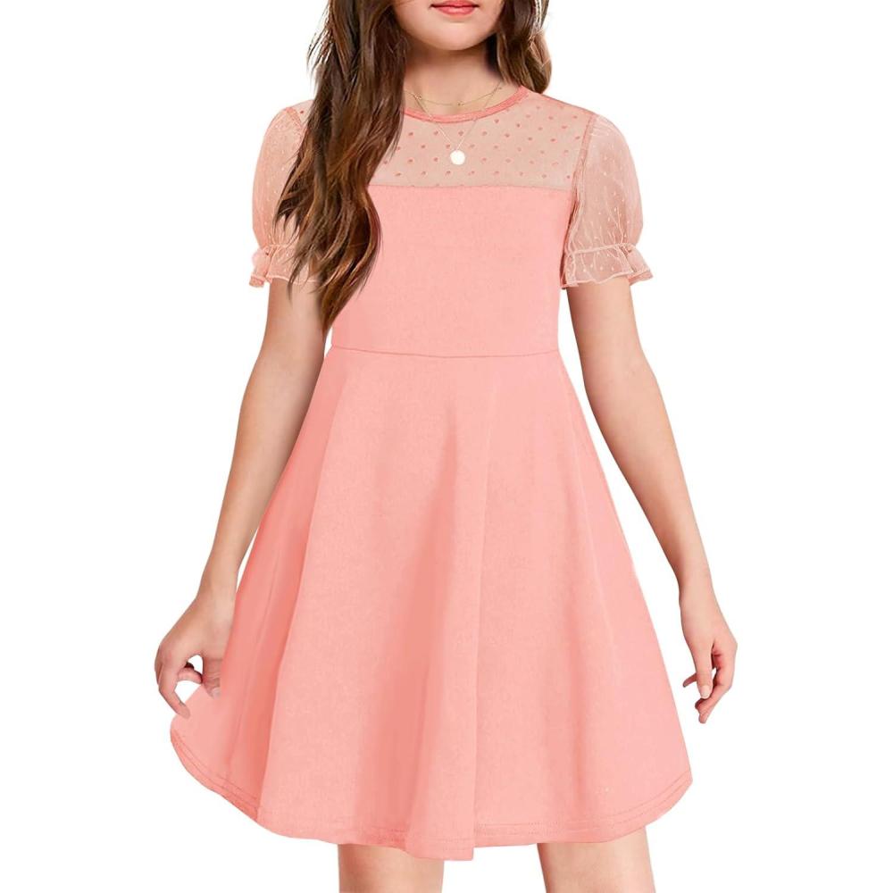 image:imageHaloumoning Girls Contrast Mesh Puff Short Sleeve Dress Kids High Waist A Line Casual Dresses with Pockets 414 YearsDark Pink