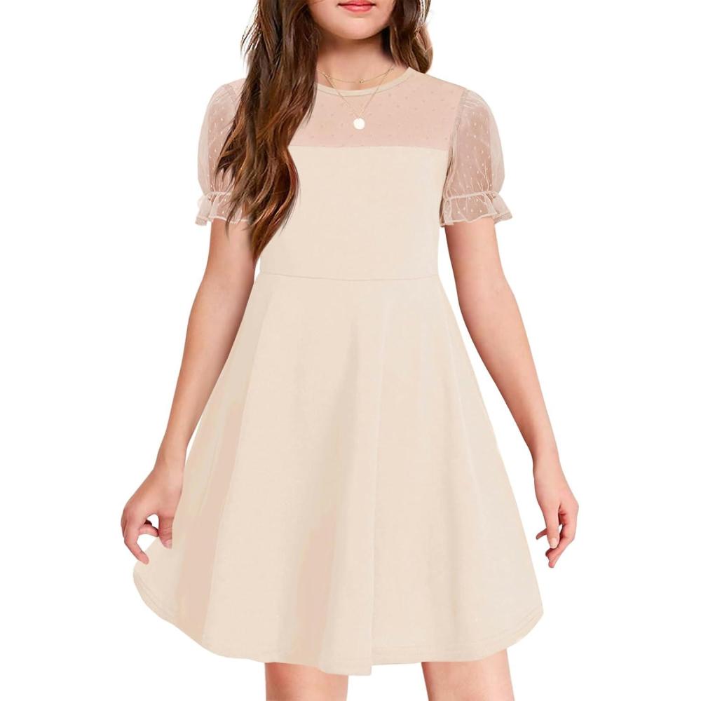 image:imageHaloumoning Girls Contrast Mesh Puff Short Sleeve Dress Kids High Waist A Line Casual Dresses with Pockets 414 YearsKhaki