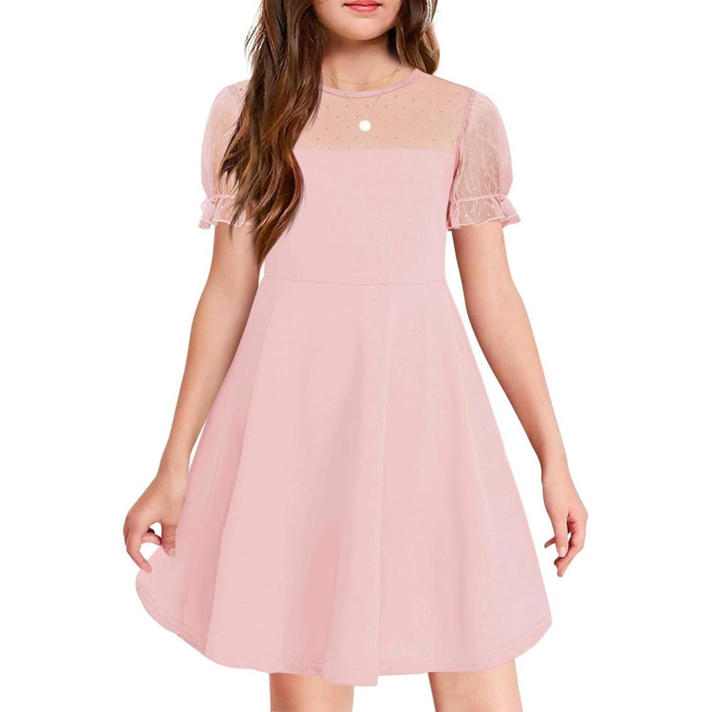 image:imageHaloumoning Girls Contrast Mesh Puff Short Sleeve Dress Kids High Waist A Line Casual Dresses with Pockets 414 YearsPink